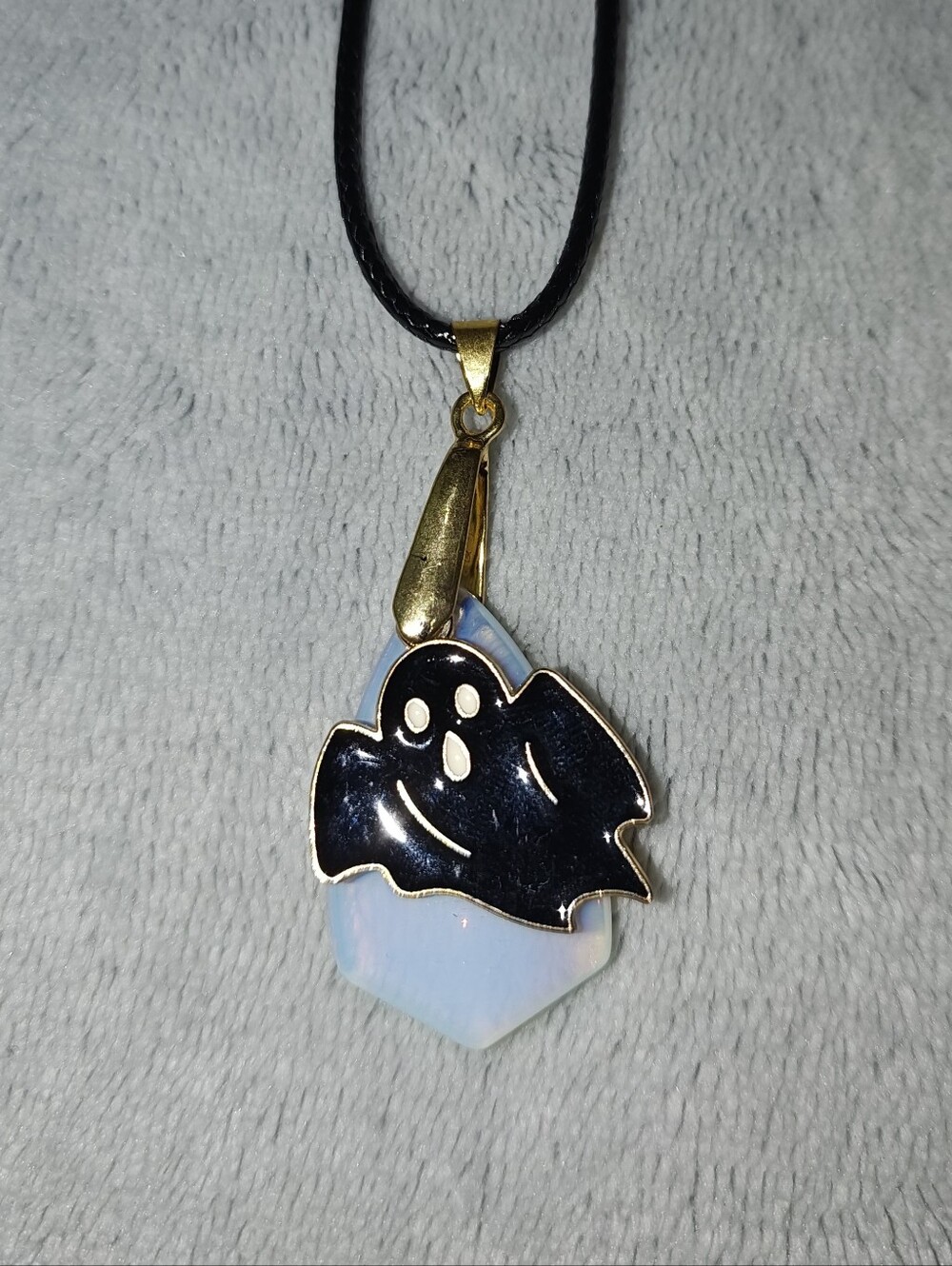 Ghost Pendant Necklace in Black and Opalescent Stone - Handmade Jewelry